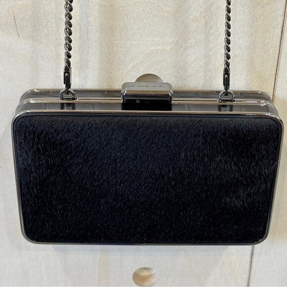 MICHAEL KORS Elsie Calf Hair Box Clutch Removable Crossbody Chain Black - Picture 4 of 11